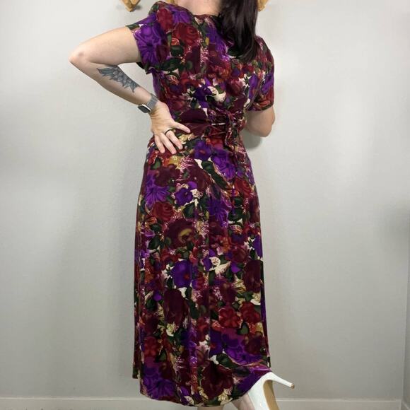 Vintage 90s No Boundaries Dark Floral Button Front Midi Dress Tie Back Dress - Picture 3 of 10